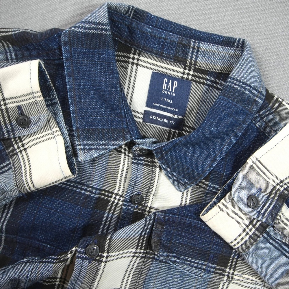 GAP Denim Blue Buffalo Plaid Work Western Cowboy Rodeo Men Shirt L Tall 2 Pocket